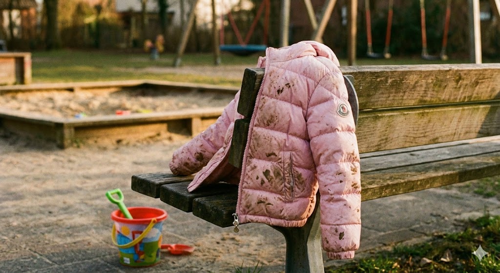 公園のベンチに置かれた、泥遊びでひどく汚れたモンクレール・アンファンのピンク色ダウンジャケット