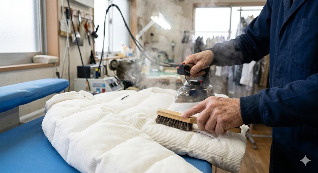 熟練のクリーニング職人の手が、白いコーデュロイのダウンジャケットにスチームアイロンを当て、ブラシで毛並みを整えている作業風景のクローズアップ。湯気が立ち上り、プロの現場の空気が伝わる写真(AI)