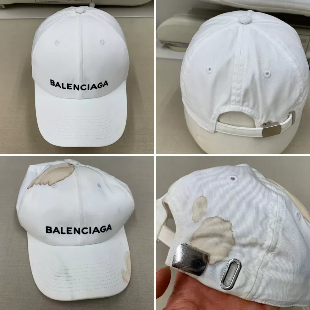 BALENCIAGAキャップ（白）のシミ抜き｜プロのクリーニングで再び綺麗に