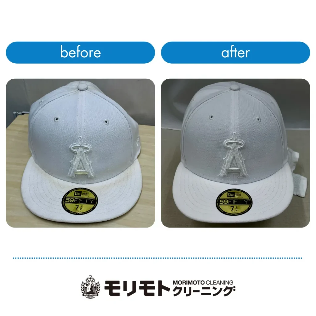 【クリーニング事例】New Era 白キャップ (エンジェルス ) の黄ばみを特殊染み抜きと全体漂白での再生