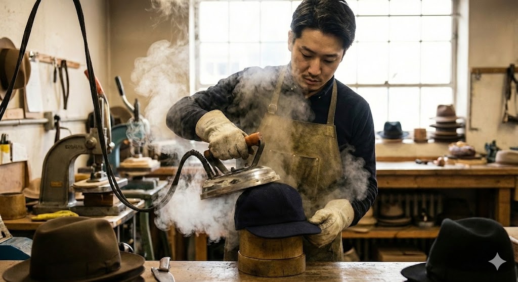 スチームを使って帽子を仕上げている職人の仕事風景