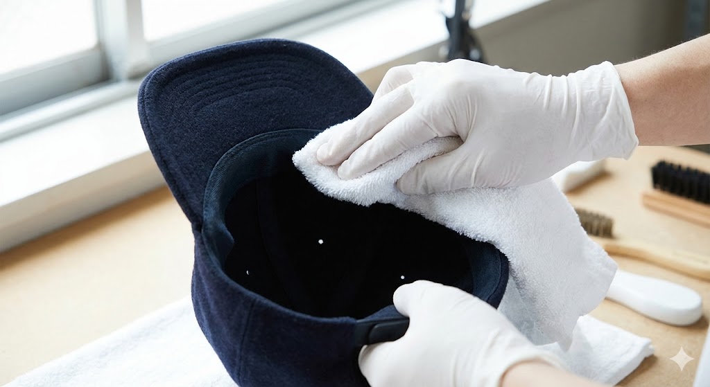 帽子の内側をタオルでケアしている手元のアップ写真