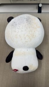 【カビ除去＆首ほつれ修理】EDWIN×にしむらゆうじ「ごきげんぱんだ」ぬいぐるみの後頭部に生えた黒カビと首の破れを職人技でリフレッシュ！