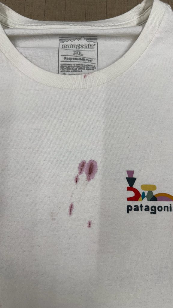 【パタゴニア】Tシャツにアサイー＆ビーツのスムージーが…！落としにくい強力色素を「触らず即依頼」で救ったプロのシミ抜き事例