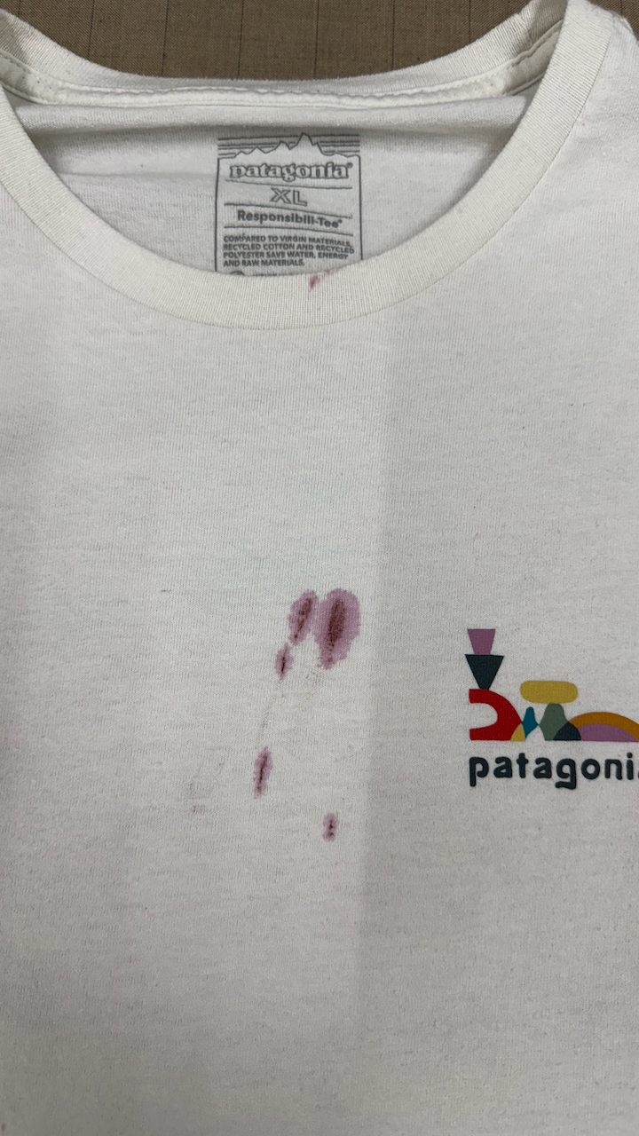 パタゴニアのTシャツにアサイーとビーツのスムージーが染み込んでできた鮮やかな紫色のシミ汚れ